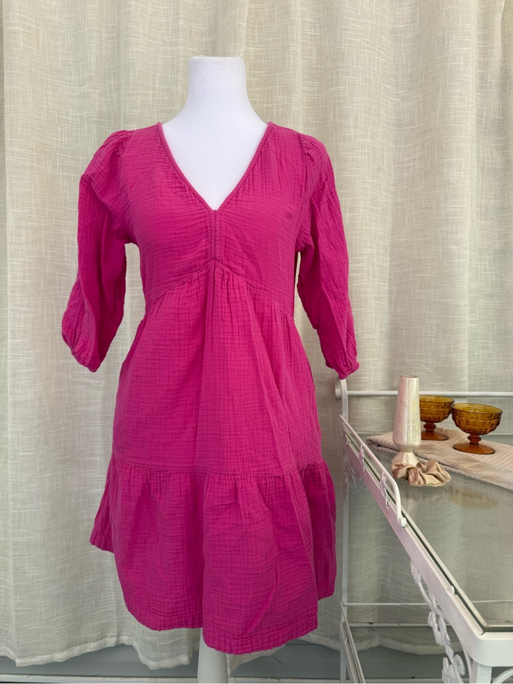 GAP Hot Pink 100% Cotton Gauze Tiered Mini Dress XS Petite Cottagecore
